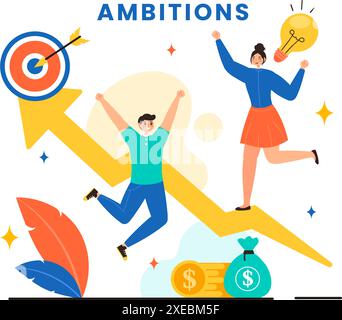 Ambition Illustration with Entrepreneur Climbing the Ladder to Success and Career Development on a Flat Cartoon Business Plan Background Stock Vector