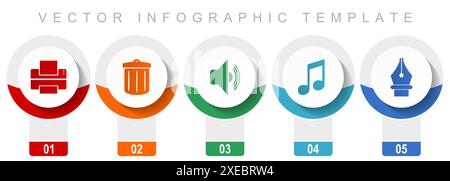 Media icon set, miscellaneous vector icons such as printer, trash can, speaker, note and pen, modern design infographic template, web buttons in 5 col Stock Vector