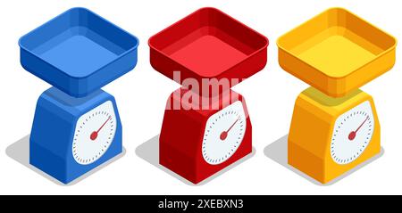 Isometric Kitchen scales Isolated on white. Measurement of grocery products. Analogue kitchen scale Stock Vector