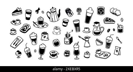 Doodle coffee icons set. Hand drawn cafe, restaurant, patisserie menu cute line elements. Food and beverage drawings. Coffee, tea, espresso, latte, mo Stock Vector