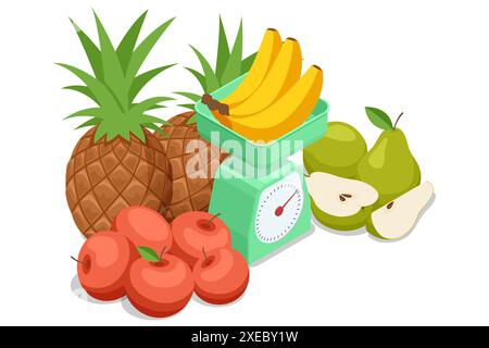 Isometric Kitchen scales Isolated on white. Measurement of grocery products. Analogue kitchen scale Stock Vector
