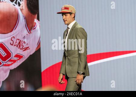 New York, USA. 26th June, 2024. Reed Sheppard is seen after being picked number three by the Houston Rockets in the first round of the 2024 NBA draft at the Barclays Center in Brooklyn, New York on June 26, 2024. (Photo by Lev Radin/Sipa USA) Credit: Sipa USA/Alamy Live News Stock Photo