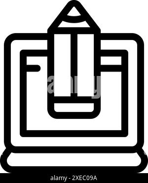 Pencil appearing on a laptop screen, representing digital art creation Stock Vector