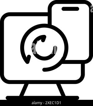 Simple bold outline icon representing the concept of data synchronization between a smartphone and a desktop computer Stock Vector