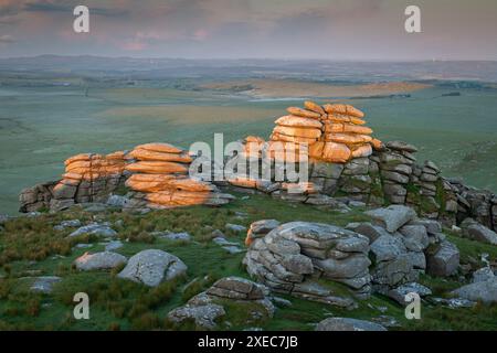 First light on Roughtor in Bodmin Moor, Cornwall, England. Spring (June) 2019. Stock Photo