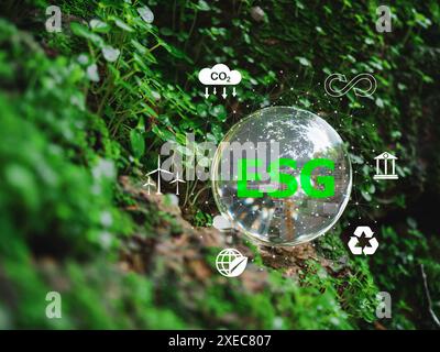 A glass sphere with letters esg on it. Glass sphere on wooden background with various icons and symbols. Scene is one of environmental awareness and s Stock Photo