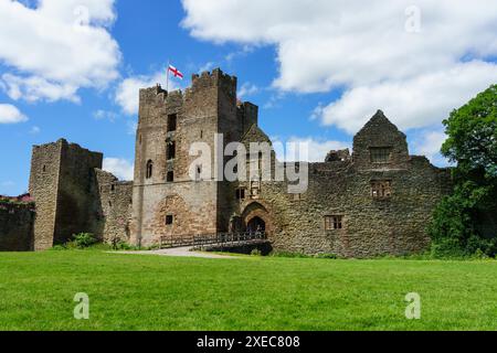 Teh ruined and abandoned Ludlow Castle in Shropshire on a sunny day. This ruined castle is now a visitor touist attraction Stock Photo