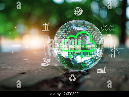 Glass sphere with CO2 cloud on it. Glass sphere on wooden background with various icons and symbols. Scene is one of environmental awareness and conce Stock Photo