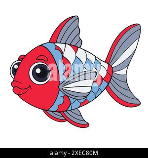 Cartoon Fish, red and blue bright color illustration isolated on white background. Vector illustration Stock Vector
