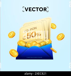 3d stack of coupons with percentage off, coupon code, inside an envelope with golden coins, isolated on background. Gift voucher with cash back banner template. Coupon giveaway. 3d vector illustration. Vector illustration Stock Vector