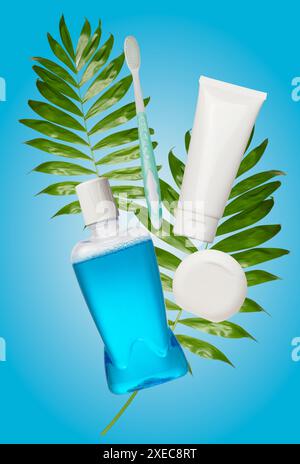 Transparent plastic bottle with bubbles and blue liquid on isolated background Stock Photo