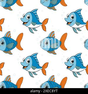 Fish pattern in blue and orange with bubbles on white background. Vector illustration Stock Vector