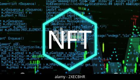 Image of nft text in hexagon over graphs, programming language and numbers on black background Stock Photo
