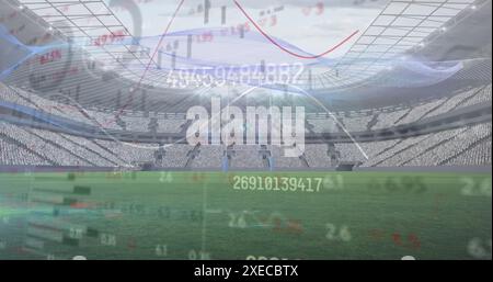 Image of multiple graphs, changing numbers, stock market data over empty soccer stadium Stock Photo
