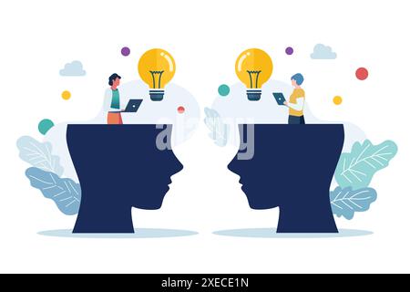 People characters open from human brain head to exchange business lightbulb ideas. Creativity and innovation concept. Exchange idea from brainstorm, k Stock Vector