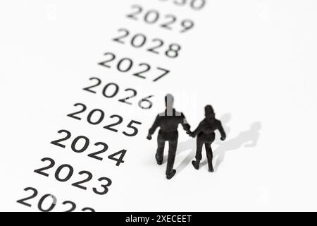 Man and woman couple figurines looking at the future years marked on the ground. Pension, retirement, plan concept. Copy space Stock Photo