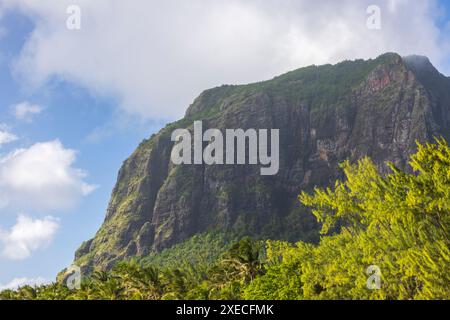 Le Morne mountain towering above Le Morne Brabant Peninsula on the Indian Ocean island of Mauritius, Africa.  Spring (May) 2024. Stock Photo