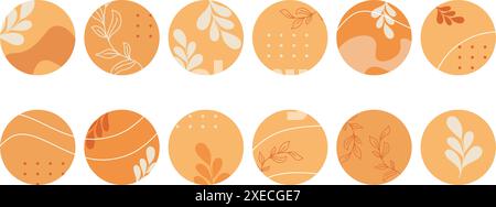 Set autumn highlighters covers for social media. Orange round icons with botanical motifs for design of social networking pages for bloggers, shops, Stock Vector