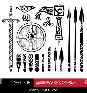 Viking design. Viking shield and swords. Set of medieval weapons, swords and spears of warriors Stock Vector