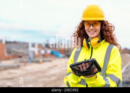 redhead female site engineer surveyor working with theodolite total station EDM equipment on a building construction site outdoors Stock Photo