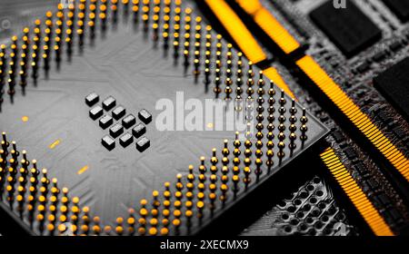 Close up of RAM Memory and pins on Main CPU PC processor circuit Stock Photo