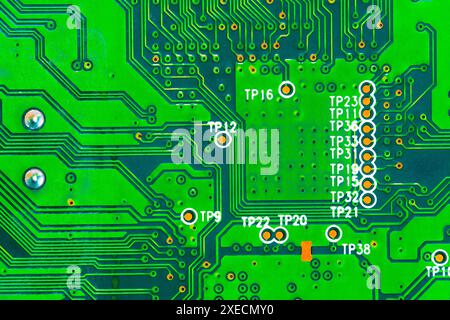 Macro Close up of printed wiring and components on PC circuit board ...