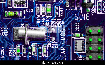 Close up of components and microchips on PC circuit board Stock Photo