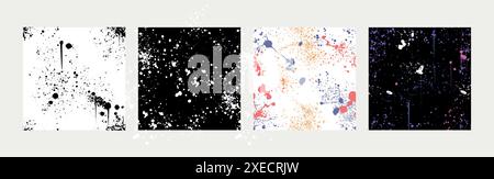 Set of banners with spray paint splashes. Posters of seamless blobs, drips, brush dots or drops. Graffiti inky splatters, inkblot spots with dusty speckle effect. Watercolor covers with splash smudges Stock Vector