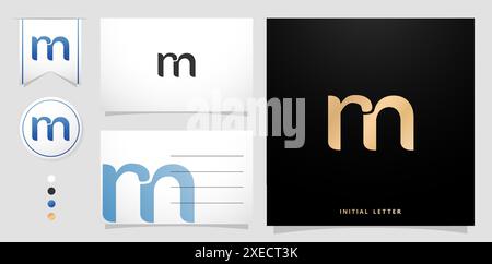 Letter RN and M logo design template elements icon set with business card golden color isolated for company, branding ads campaigns, letterpress Stock Vector