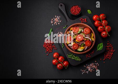 Delicious fresh salad with beef slices, cherry tomatoes, sweet peppers Stock Photo