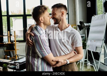 Two men in casual attire, standing alongside each other with a sense of unity and camaraderie. Stock Photo