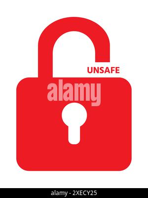 Isolated illustration of red padlock with logo Unsafe. Cybersecurity, protection of personal data on the Internet Stock Photo
