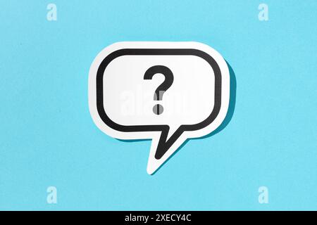 Question mark on speech bubble isolated on blue background. Doubt, confusion, uncertainty concept Stock Photo