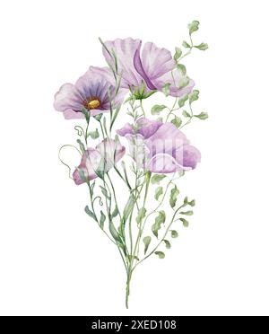 Watercolor poppy bouquet. Wildflowers arrangement purple and red poppy flowers with herbs. Summer floral composition Stock Photo