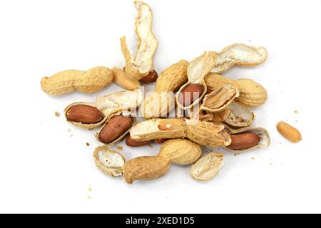 Raw peanuts top view isolated on white background (shelled, husk, whole, halves) Stock Photo