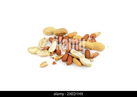 Raw peanuts top view isolated on white background (shelled, husk, whole, halves) Stock Photo