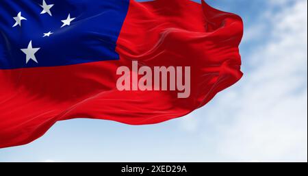 National flag of the Independent State of Samoa waving on a clear day Stock Photo