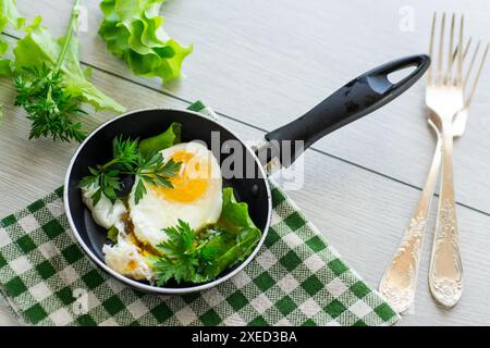 fried egg in a frying pan with herbs . Stock Photo