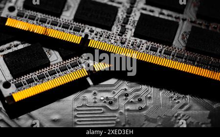 Macro Close up of computer RAM chip and motherboard Stock Photo