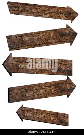 Brown wooden arrows with different directions on isolated background Stock Photo