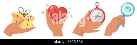 Gift box, heart, stopwatch, magnifying glass in hand Stock Vector
