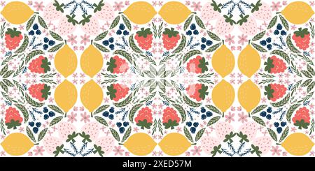 Cheerful seamless pattern featuring illustrations of raspberries, lemons, white strawberries, blackberries, pink flowers, and green leaves, arranged in a kaleidoscope-like design. Modern, organic vector style with flat colors. Stock Vector