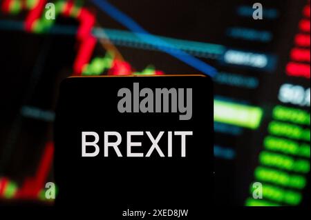 Hong Kong, China. 21st June, 2024. In this photo illustration, Britain's plan to exit the European Union, known as Brexit, logo seen displayed on a smartphone with an economic stock exchange index graph in the background. (Photo by Budrul Chukrut/SOPA Images/Sipa USA) *** Strictly for editorial news purposes only *** Credit: Sipa USA/Ģ����ý Live News Stock Photo