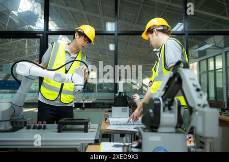 Group of engineers and technicians learning the technology to control hand robots for industrial usage. Stock Photo