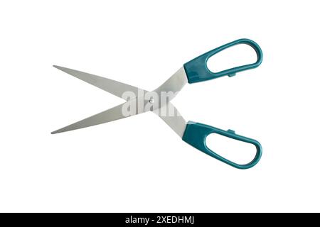 A pair of open blue-handled scissors of scissors with blue handles, isolated on white. A pair of open scissors with blue handles, ready to use. Clippi Stock Photo