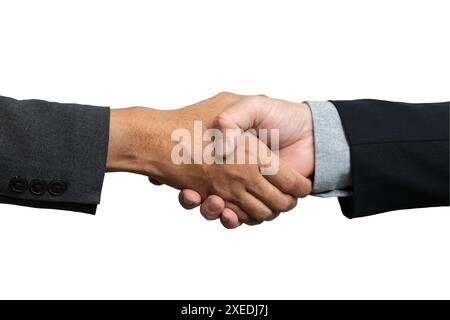 Close up two man shaking hand on white background. Successful businessmen shake hands and close the deal. Unity and teamwork concept. Stock Photo
