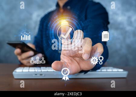 Information cyber security concept with privacy data protection management systems requirements with man pointing on check mark to encryption access i Stock Photo