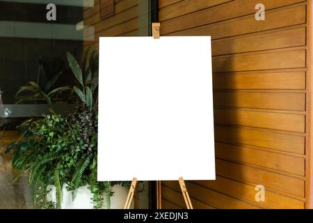 A blank white canvas sits on an artist's easel in a studio. A potted plant stands next to the easel. The canvas is pristine and white, and the easel i Stock Photo