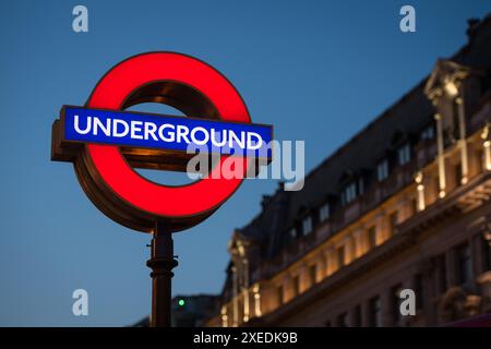 File photo dated 17/08/16 of a London Underground roundel at Oxford Circus station, in London. The Rail Accident Investigation Branch (RAIB) are investigating following an incident where a 101-year-old London Underground passenger caught their coat in the tube door, on the platform at Archway station facing the front of the train - causing 'serious injuries' after being dragged along a platform. Issue date: Thursday June 27, 2024. Stock Photo