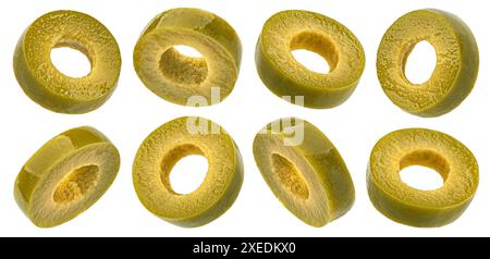 Green olive slices isolated on white background Stock Photo